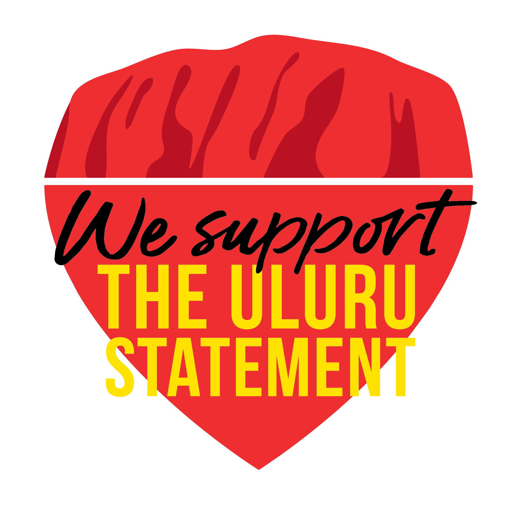 Illustration of Uluru merged with a heart. Text reads, "We support the Uluru Statement".
